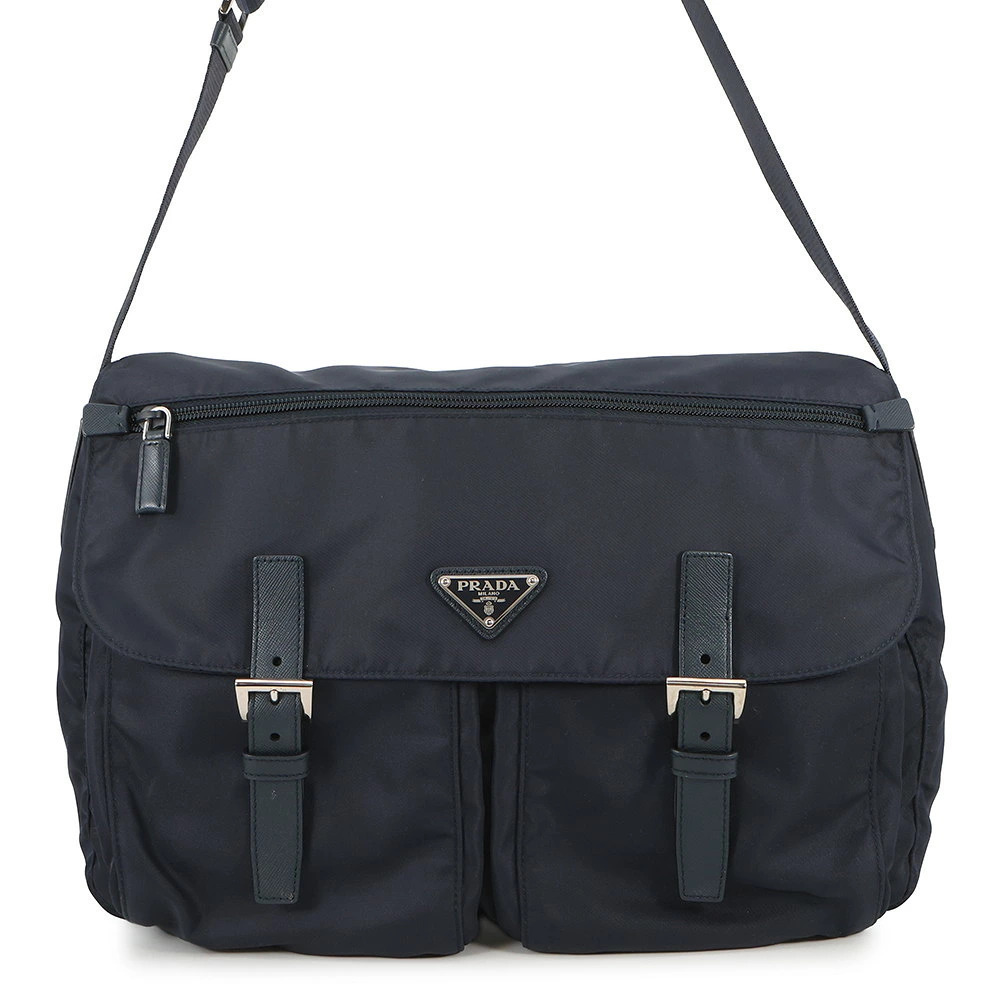 Prada Vela Messenger Bag triangle logo plaque double buckle Black